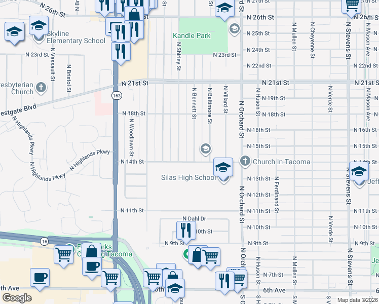 map of restaurants, bars, coffee shops, grocery stores, and more near 1418 North Bennett Street in Tacoma