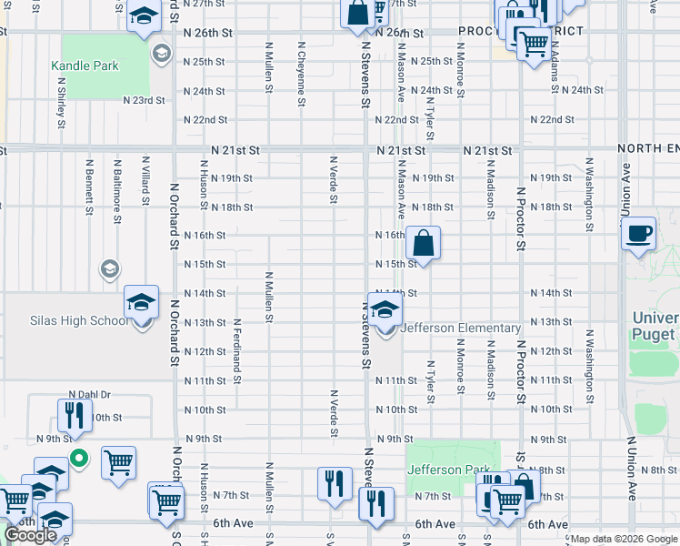 map of restaurants, bars, coffee shops, grocery stores, and more near 4424 North 15th Street in Tacoma
