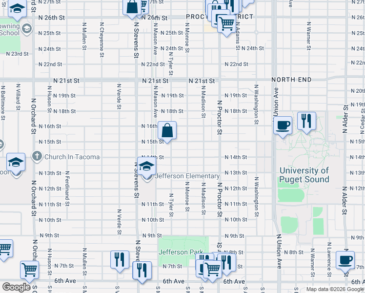 map of restaurants, bars, coffee shops, grocery stores, and more near 4022 North 15th Street in Tacoma