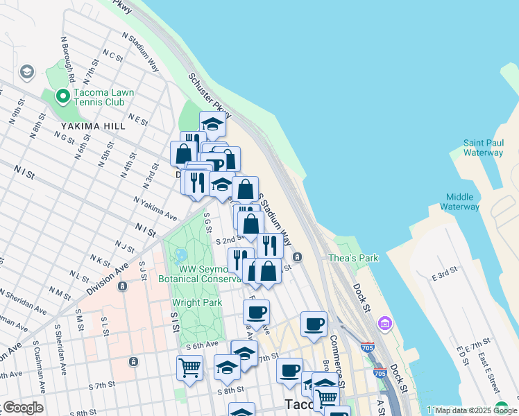 map of restaurants, bars, coffee shops, grocery stores, and more near 35 Broadway in Tacoma