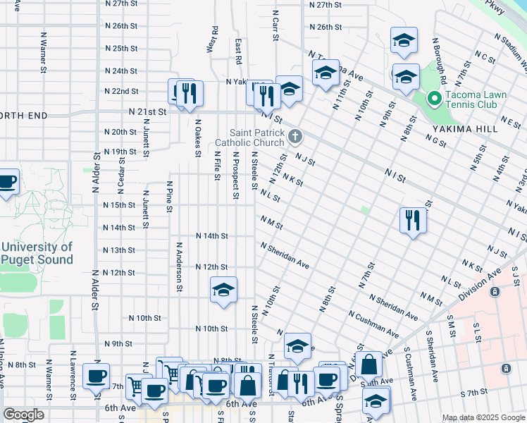 map of restaurants, bars, coffee shops, grocery stores, and more near 1121 North M Street in Tacoma