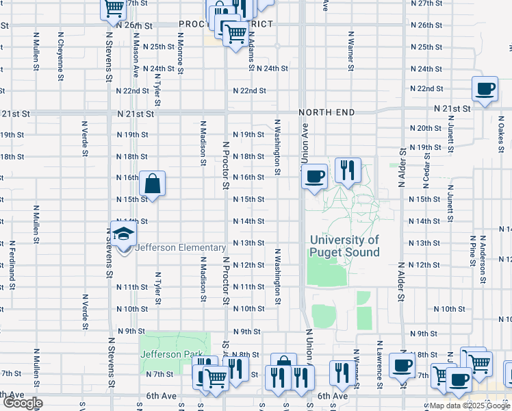map of restaurants, bars, coffee shops, grocery stores, and more near 3722 North 15th Street in Tacoma