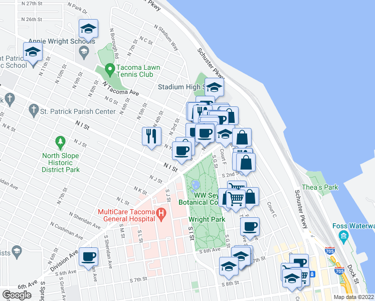 map of restaurants, bars, coffee shops, grocery stores, and more near 201 North Yakima Avenue in Tacoma