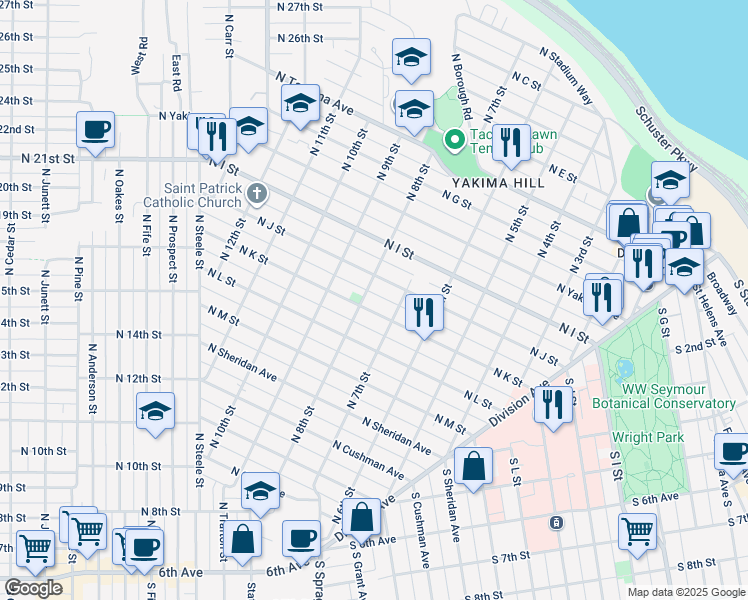map of restaurants, bars, coffee shops, grocery stores, and more near 708 North J Street in Tacoma