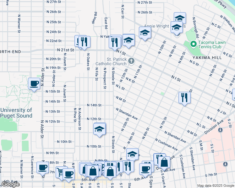 map of restaurants, bars, coffee shops, grocery stores, and more near 1121 North M Street in Tacoma