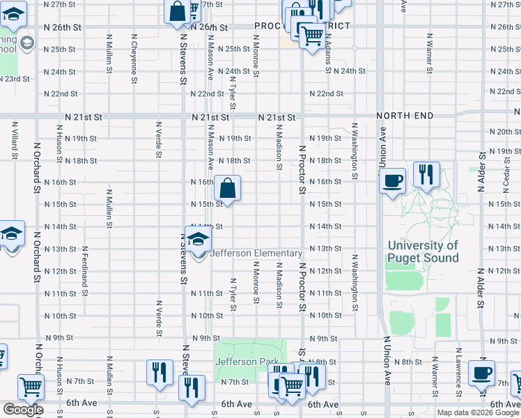map of restaurants, bars, coffee shops, grocery stores, and more near 4022 North 15th Street in Tacoma