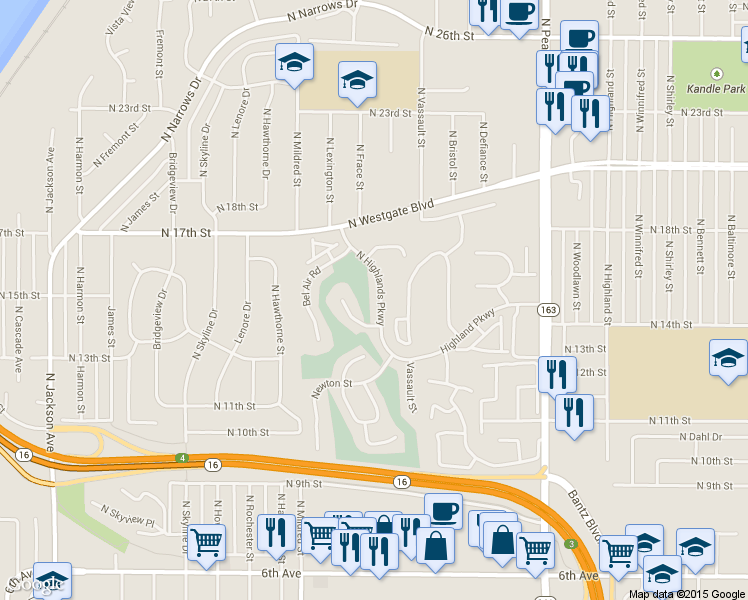 map of restaurants, bars, coffee shops, grocery stores, and more near 1320 N Highlands Pkwy in Tacoma