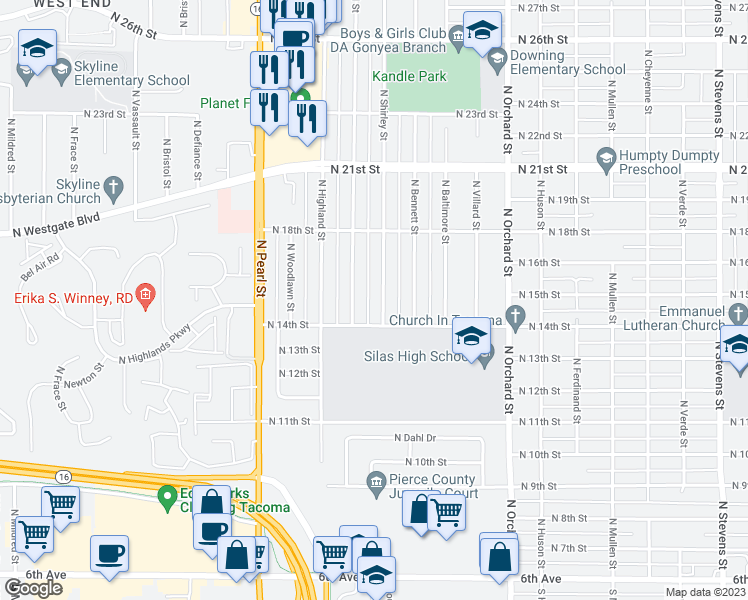 map of restaurants, bars, coffee shops, grocery stores, and more near 1420 North Shirley Street in Tacoma