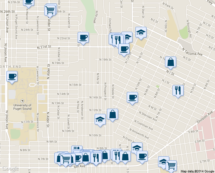 map of restaurants, bars, coffee shops, grocery stores, and more near 1429 N Prospect St in Tacoma