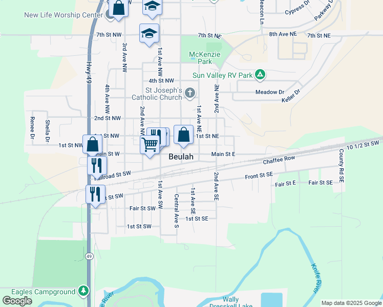 map of restaurants, bars, coffee shops, grocery stores, and more near 201 Main Street East in Beulah