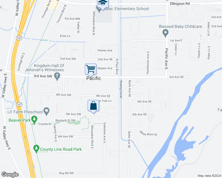 map of restaurants, bars, coffee shops, grocery stores, and more near 134 3rd Avenue Southeast in Pacific