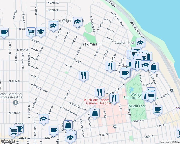 map of restaurants, bars, coffee shops, grocery stores, and more near 514 North I Street in Tacoma