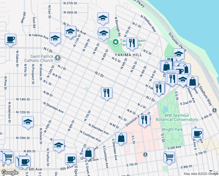 map of restaurants, bars, coffee shops, grocery stores, and more near 615 North J Street in Tacoma