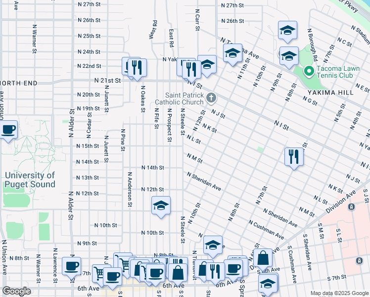 map of restaurants, bars, coffee shops, grocery stores, and more near 1121 North M Street in Tacoma