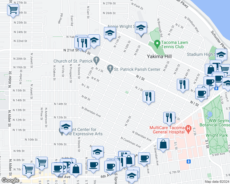 map of restaurants, bars, coffee shops, grocery stores, and more near 902 North K Street in Tacoma