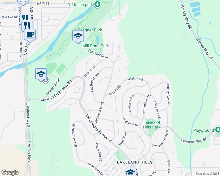 map of restaurants, bars, coffee shops, grocery stores, and more near 5012 Mill Pond Drive Southeast in Auburn