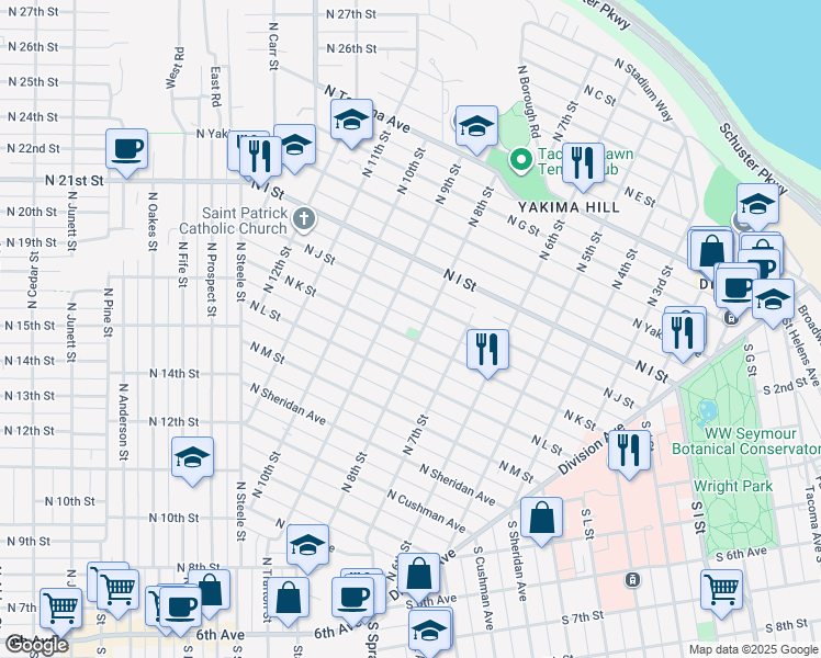 map of restaurants, bars, coffee shops, grocery stores, and more near 1017 North 8th Street in Tacoma