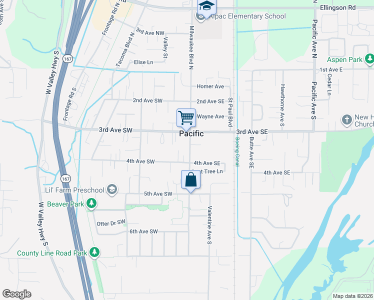 map of restaurants, bars, coffee shops, grocery stores, and more near 317 Milwaukee Boulevard South in Pacific
