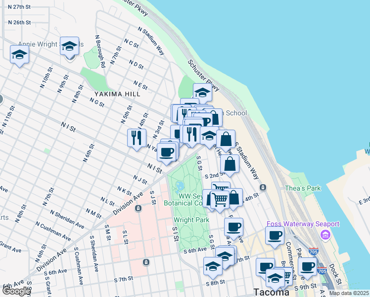 map of restaurants, bars, coffee shops, grocery stores, and more near 102 North G Street in Tacoma
