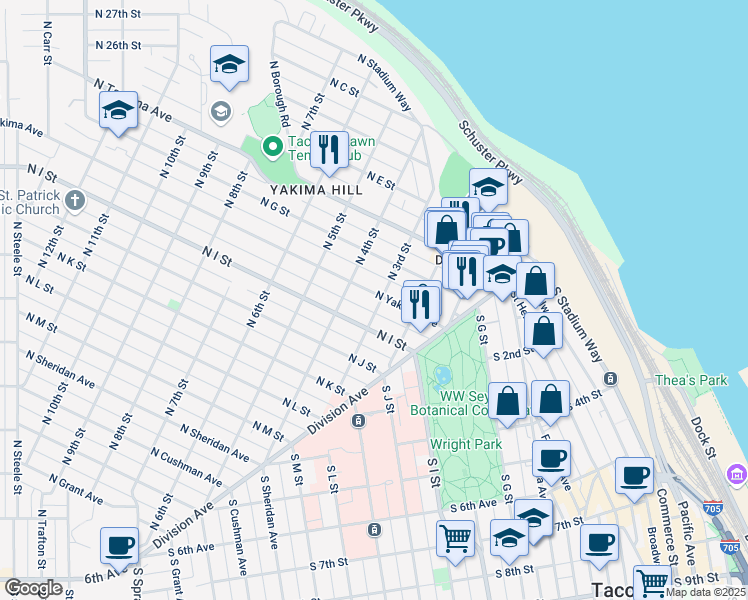 map of restaurants, bars, coffee shops, grocery stores, and more near 224 North Yakima Avenue in Tacoma