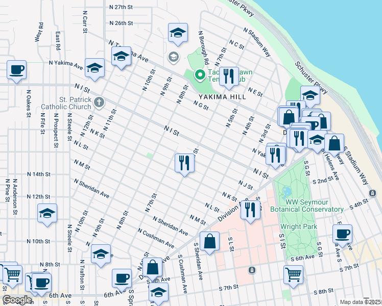 map of restaurants, bars, coffee shops, grocery stores, and more near 615 North J Street in Tacoma