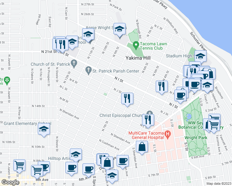 map of restaurants, bars, coffee shops, grocery stores, and more near 708 North J Street in Tacoma