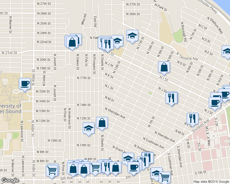 map of restaurants, bars, coffee shops, grocery stores, and more near 1020 North L Street in Tacoma