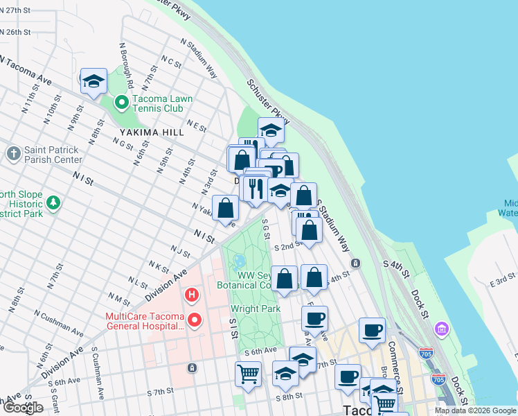 map of restaurants, bars, coffee shops, grocery stores, and more near 5 South G Street in Tacoma