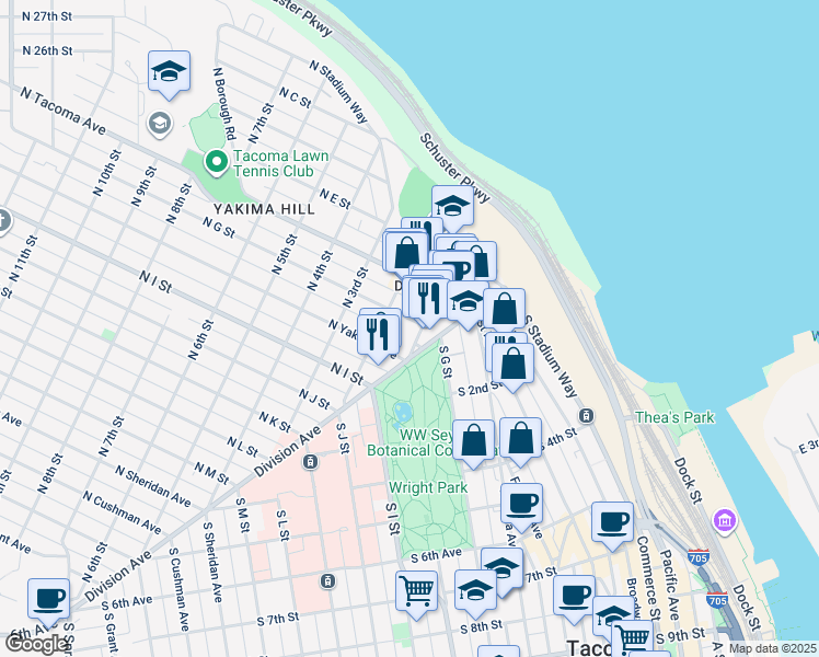 map of restaurants, bars, coffee shops, grocery stores, and more near 102 North G Street in Tacoma