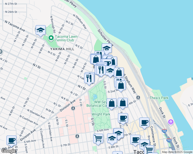map of restaurants, bars, coffee shops, grocery stores, and more near 102 North G Street in Tacoma
