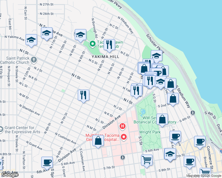 map of restaurants, bars, coffee shops, grocery stores, and more near 815 North 4th Street in Tacoma