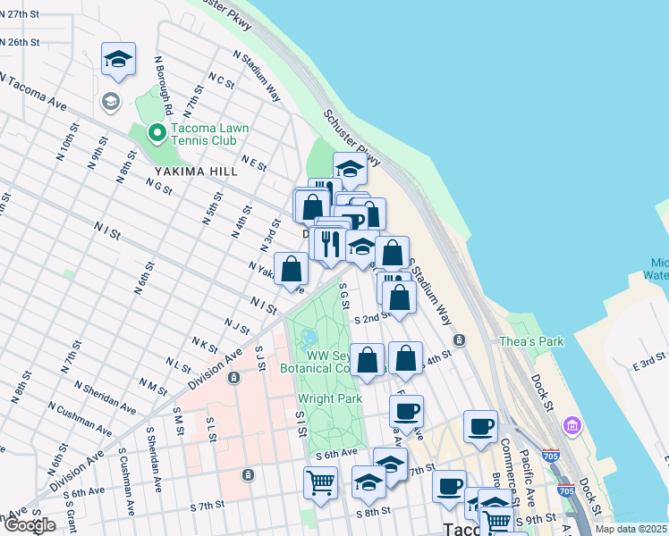 map of restaurants, bars, coffee shops, grocery stores, and more near 5 South G Street in Tacoma