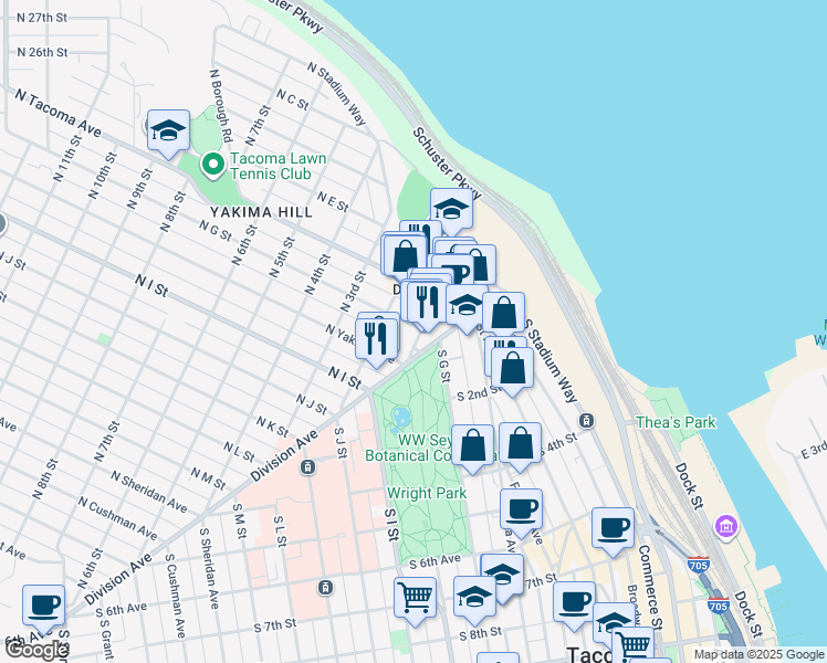map of restaurants, bars, coffee shops, grocery stores, and more near in Tacoma
