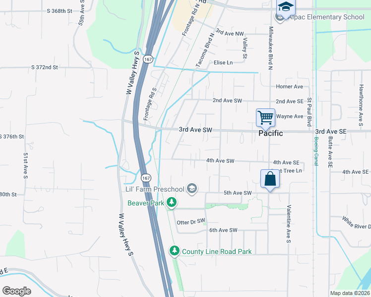 map of restaurants, bars, coffee shops, grocery stores, and more near 311 Tacoma Boulevard South in Pacific