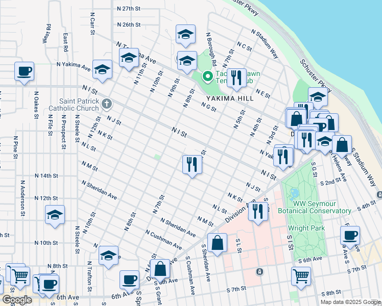 map of restaurants, bars, coffee shops, grocery stores, and more near 615 North J Street in Tacoma