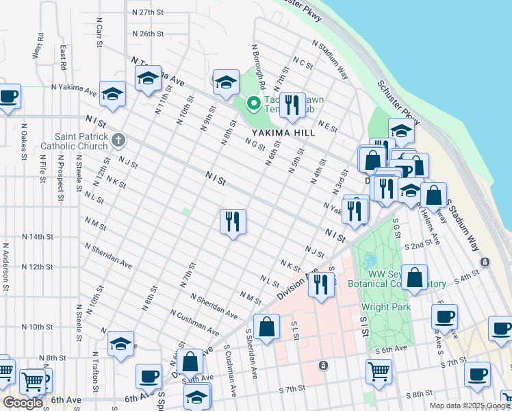 map of restaurants, bars, coffee shops, grocery stores, and more near 514 North I Street in Tacoma