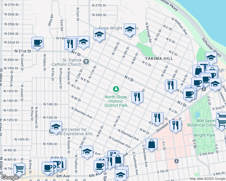 map of restaurants, bars, coffee shops, grocery stores, and more near 1017 North 8th Street in Tacoma