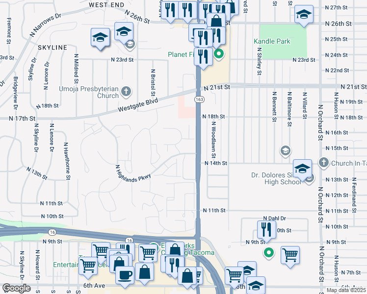 map of restaurants, bars, coffee shops, grocery stores, and more near in Tacoma