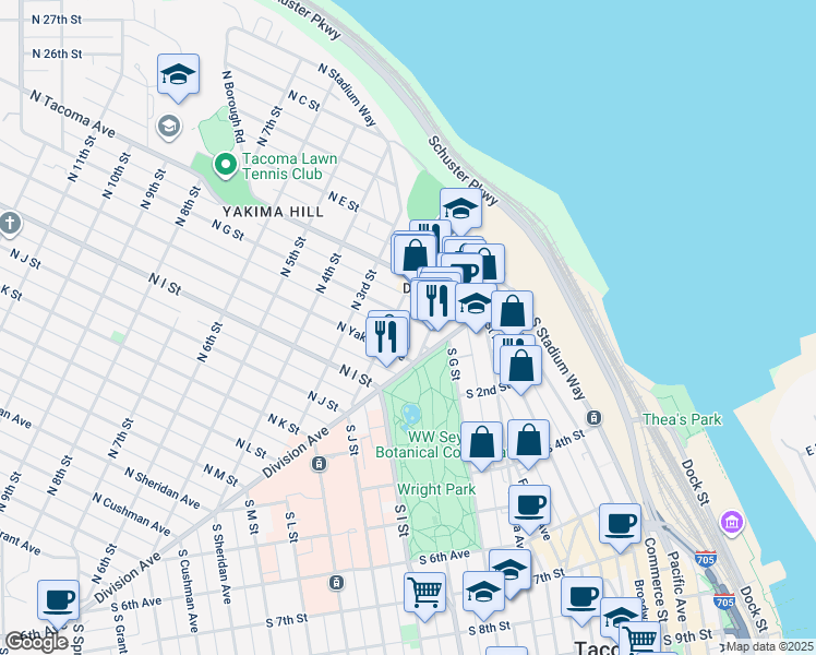 map of restaurants, bars, coffee shops, grocery stores, and more near in Tacoma