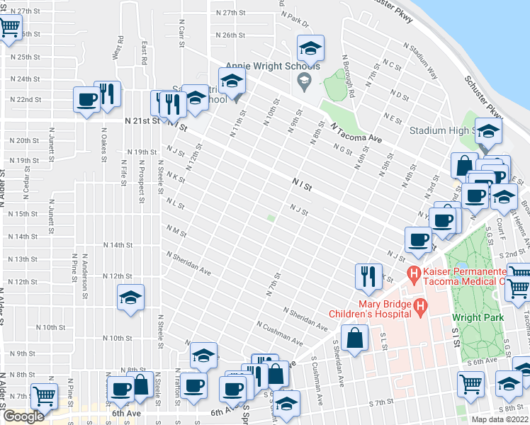 map of restaurants, bars, coffee shops, grocery stores, and more near 1017 North 8th Street in Tacoma