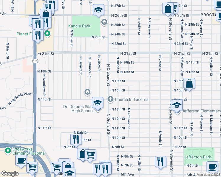 map of restaurants, bars, coffee shops, grocery stores, and more near 5019 North 15th Street in Tacoma