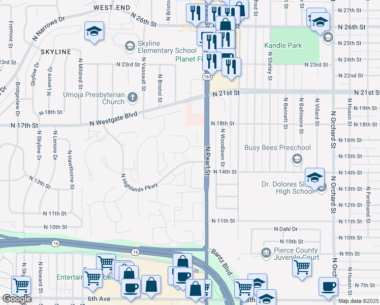 map of restaurants, bars, coffee shops, grocery stores, and more near in Tacoma