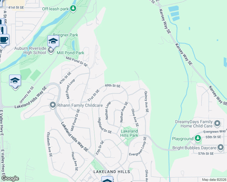 map of restaurants, bars, coffee shops, grocery stores, and more near 5028 Highland Drive Southeast in Auburn