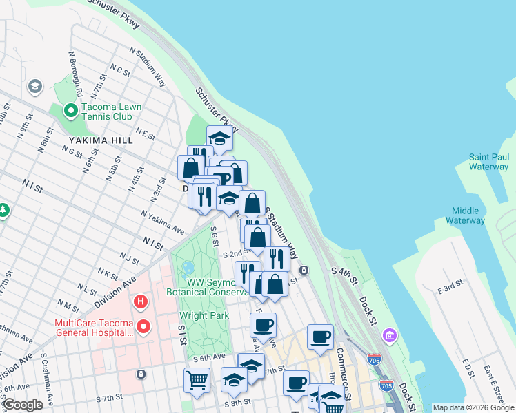 map of restaurants, bars, coffee shops, grocery stores, and more near 35 Broadway in Tacoma