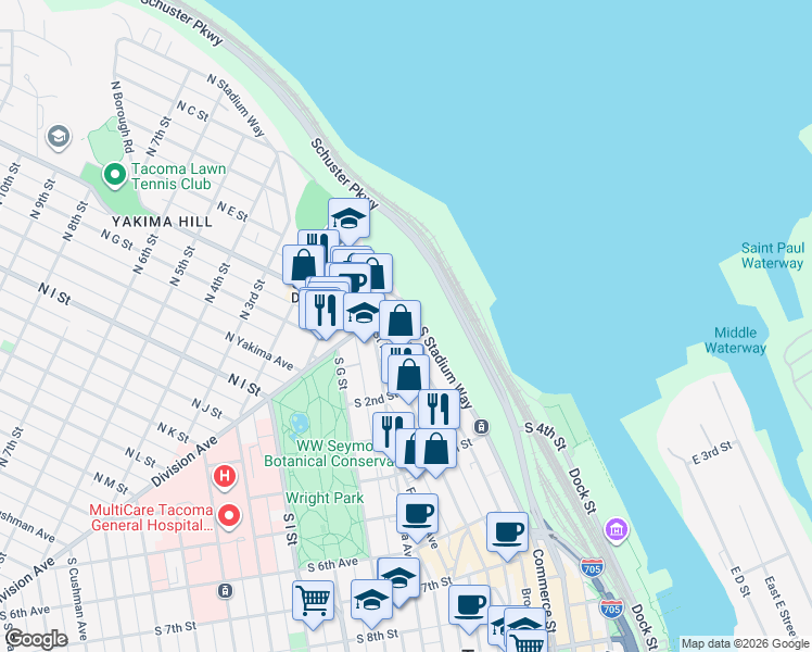 map of restaurants, bars, coffee shops, grocery stores, and more near 35 Broadway in Tacoma