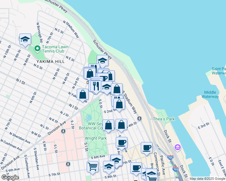 map of restaurants, bars, coffee shops, grocery stores, and more near 17 Saint Helens Avenue in Tacoma