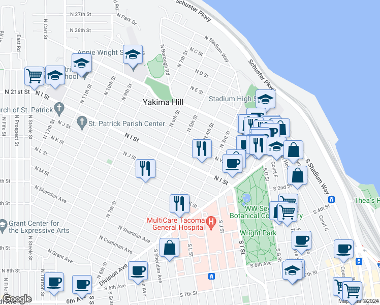 map of restaurants, bars, coffee shops, grocery stores, and more near 319 North I Street in Tacoma