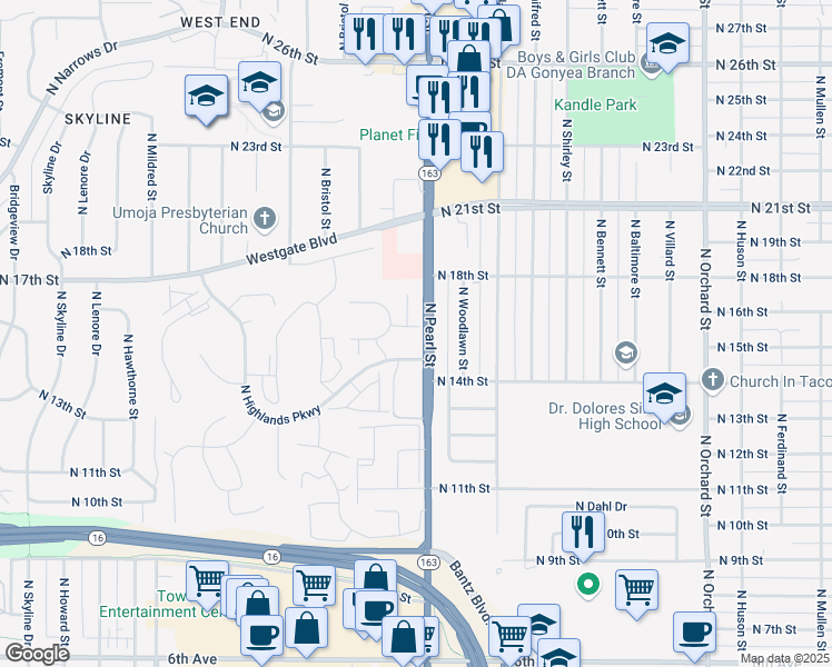 map of restaurants, bars, coffee shops, grocery stores, and more near in Tacoma