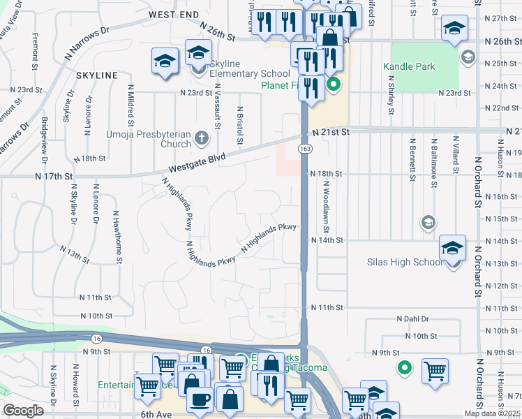 map of restaurants, bars, coffee shops, grocery stores, and more near 6111 North 15th Street in Tacoma