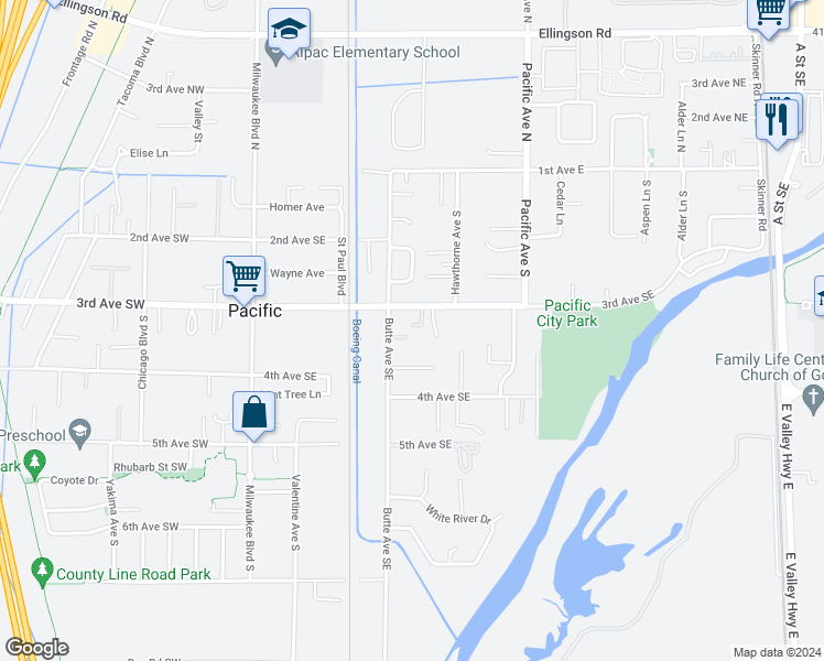 map of restaurants, bars, coffee shops, grocery stores, and more near 312 3rd Avenue Southeast in Pacific